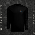 Black Deepwater Crew Co. Be Salty, Stay Lit UPF 44+ long-sleeve performance shirt, front view with small cross, sunset, and blue-wave crest with DC logo.