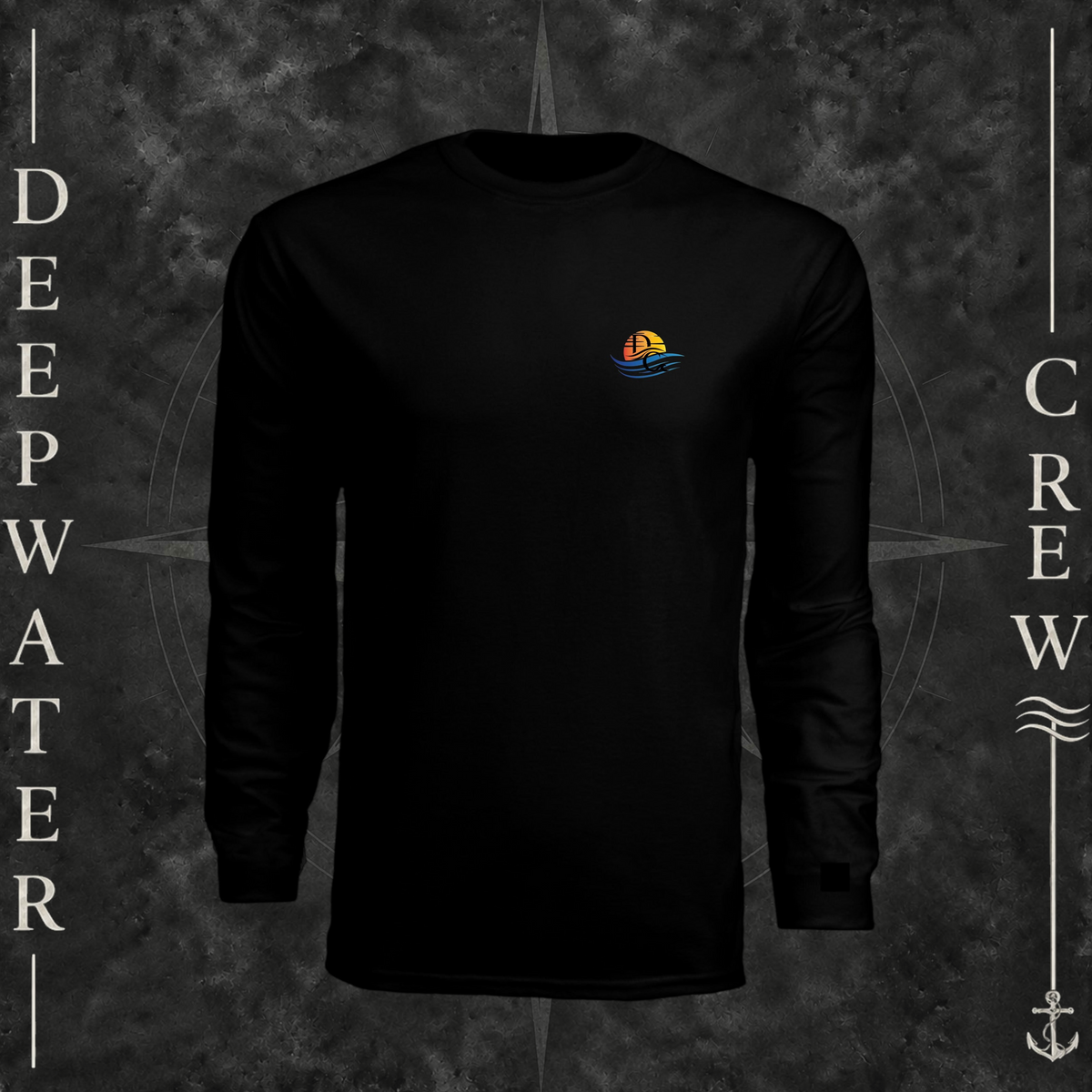 Black Deepwater Crew Co. Be Salty, Stay Lit UPF 44+ long-sleeve performance shirt, front view with small cross, sunset, and blue-wave crest with DC logo.