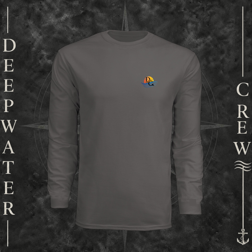 Graphite Deepwater Crew Co. Be Salty, Stay Lit UPF 44+ long-sleeve performance shirt, front view with small cross, sunset, and blue-wave crest with DC logo.