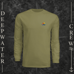 Olive Deepwater Crew Co. Be Salty, Stay Lit UPF 44+ long-sleeve performance shirt, front view with small cross, sunset, and blue-wave crest with DC logo.