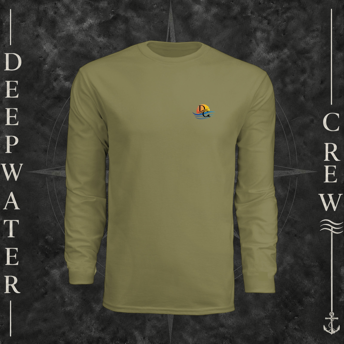 Olive Deepwater Crew Co. Be Salty, Stay Lit UPF 44+ long-sleeve performance shirt, front view with small cross, sunset, and blue-wave crest with DC logo.