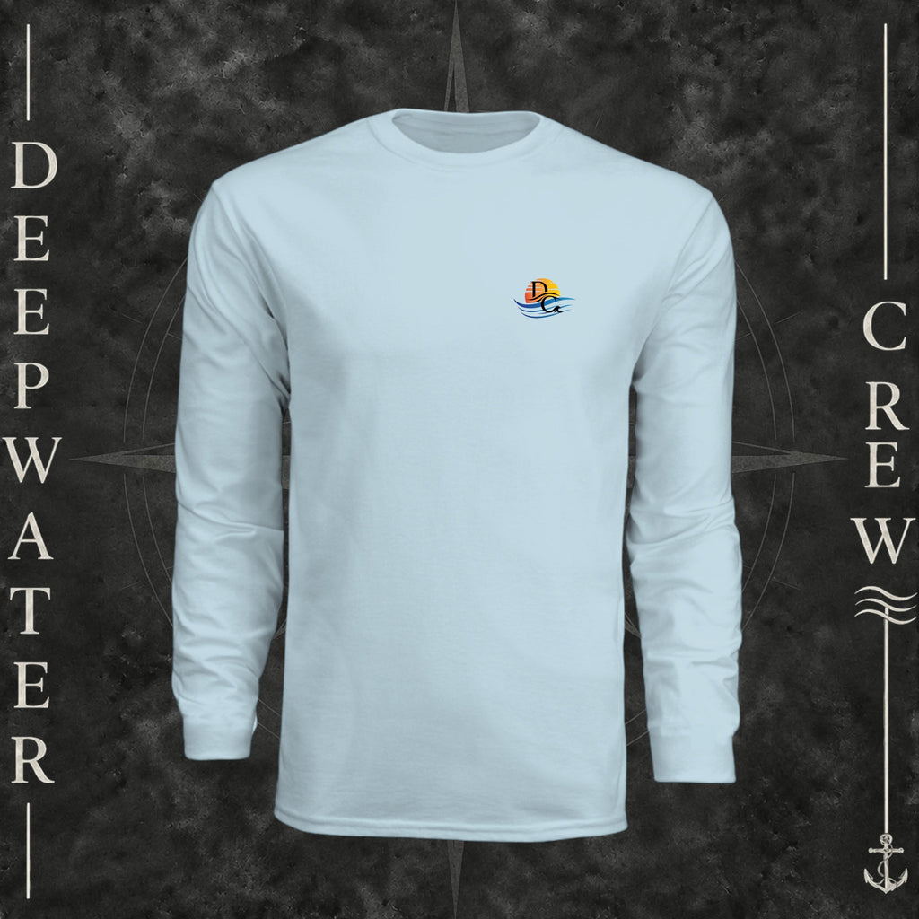 Pastel Blue Deepwater Crew Co. Be Salty, Stay Lit UPF 44+ long-sleeve performance shirt, front view with small cross, sunset, and blue-wave crest with DC logo.