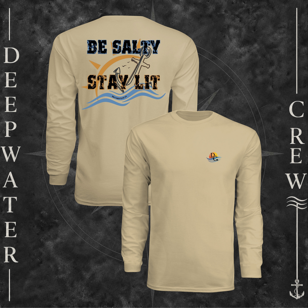 Sand Deepwater Crew Co. Be Salty, Stay Lit UPF 44+ long-sleeve performance shirt showing front and back views with cross, sunset, and wave chest crest with DC logo and Matthew 5:13–14 anchor-and-wave back graphic.