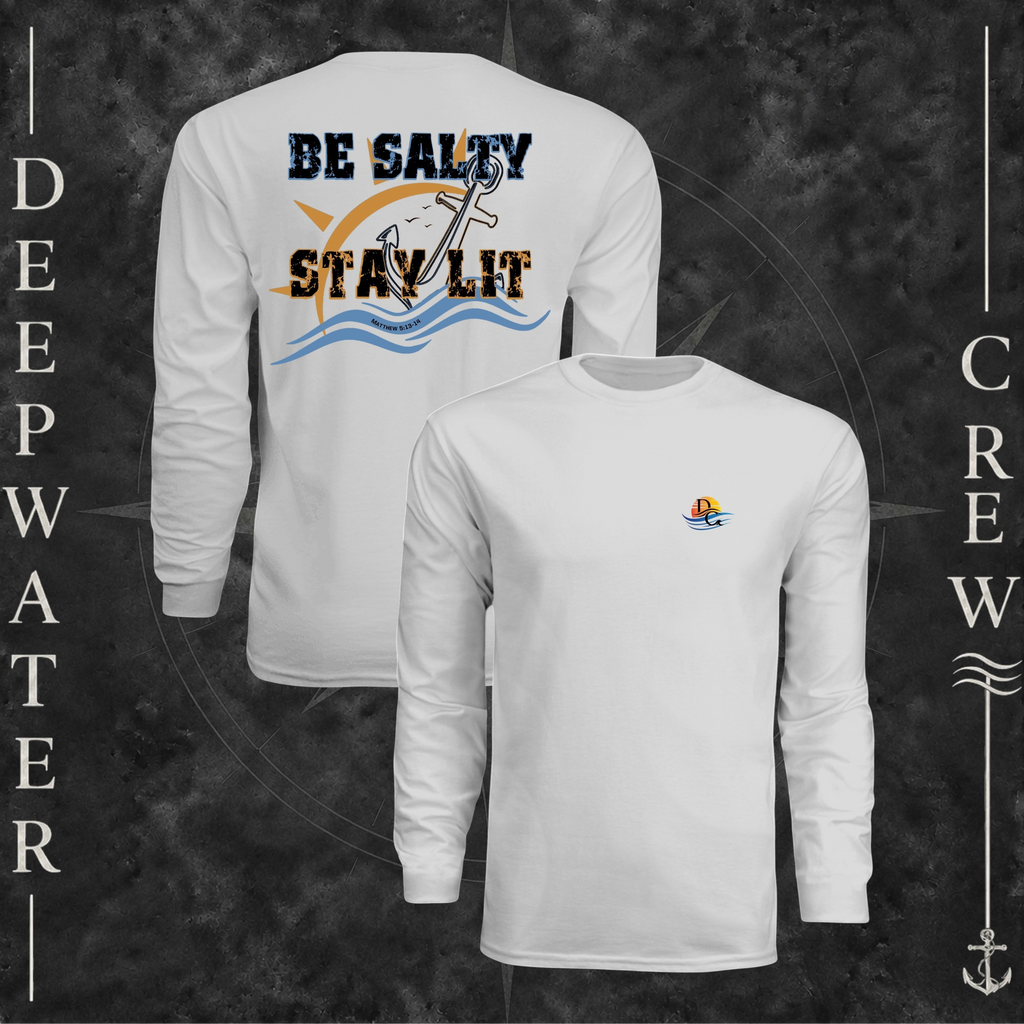 Silver Deepwater Crew Co. Be Salty, Stay Lit UPF 44+ long-sleeve performance shirt showing front and back views with cross, sunset, and wave chest crest with DC logo and Matthew 5:13–14 anchor-and-wave back graphic.