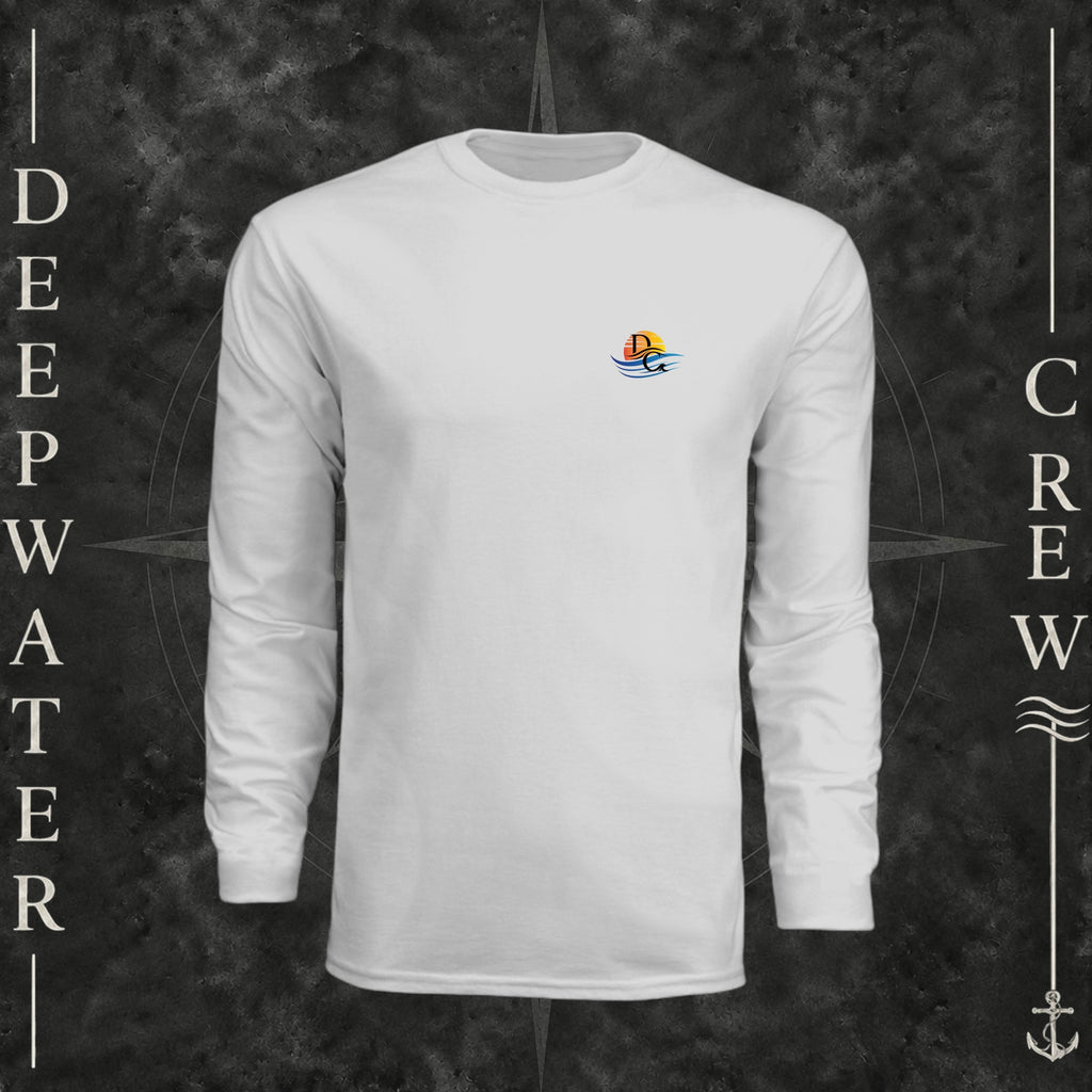 Silver Deepwater Crew Co. Be Salty, Stay Lit UPF 44+ long-sleeve performance shirt, front view with small cross, sunset, and blue-wave crest with DC logo.