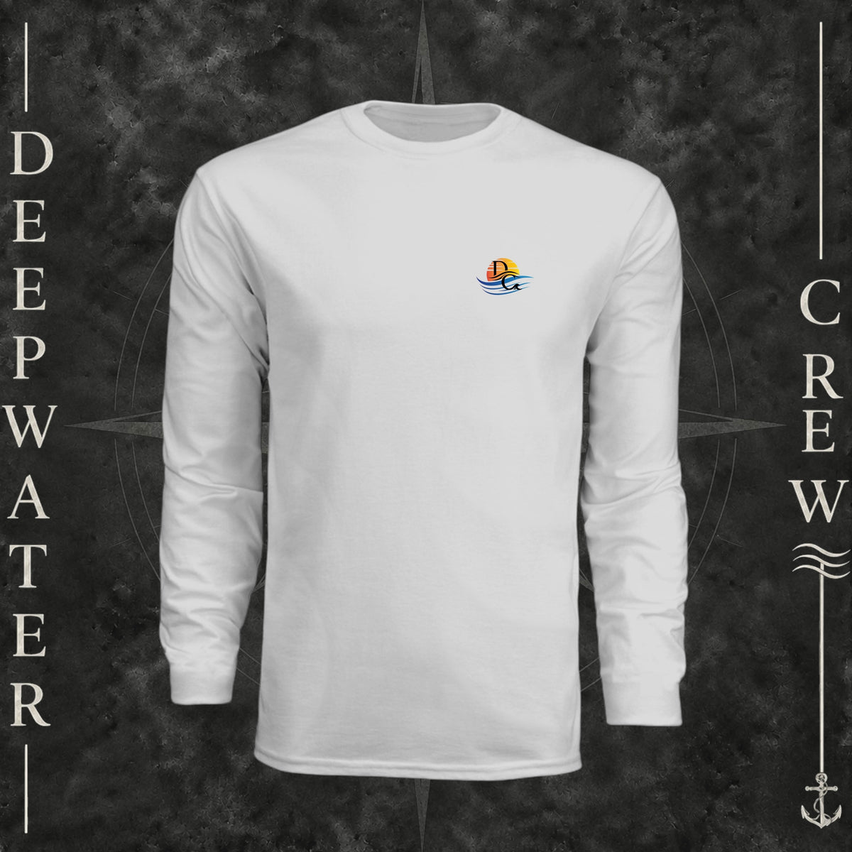 Silver Deepwater Crew Co. Be Salty, Stay Lit UPF 44+ long-sleeve performance shirt, front view with small cross, sunset, and blue-wave crest with DC logo.