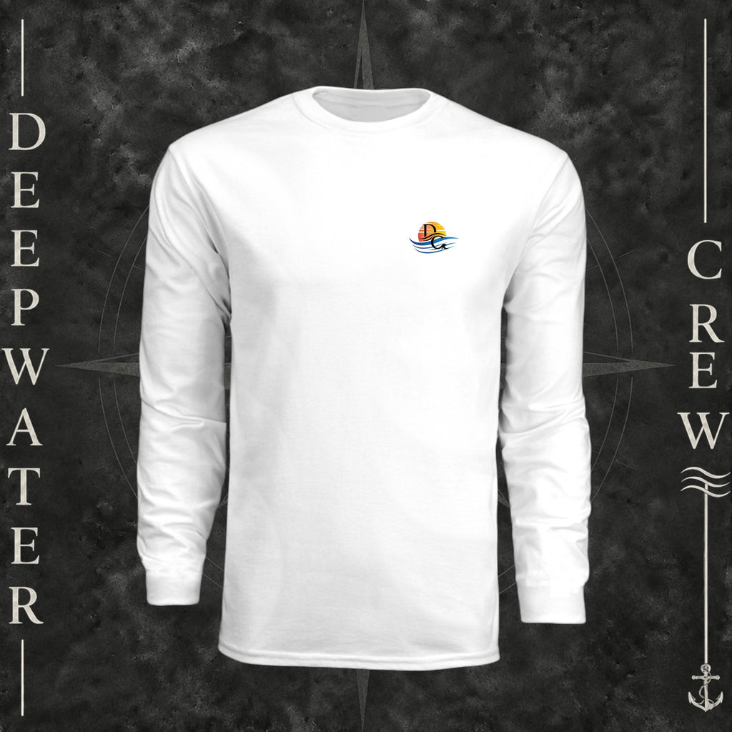 White Deepwater Crew Co. Be Salty, Stay Lit UPF 44+ long-sleeve performance shirt, front view with small cross, sunset, and blue-wave crest with DC logo.