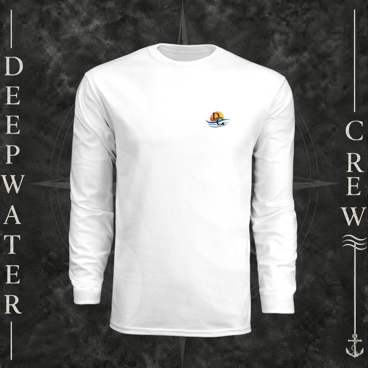 White Deepwater Crew Co. Be Salty, Stay Lit UPF 44+ long-sleeve performance shirt, front view with small cross, sunset, and blue-wave crest with DC logo.