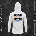 Aluminum Deepwater Crew Co. Be Salty, Stay Lit UPF 50+ performance hoodie, back view with distressed Be Salty, Stay Lit lettering, anchor, sun, blue waves, subtle cross, and Matthew 5:13–14.