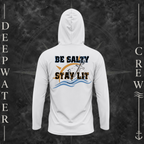 Aluminum Deepwater Crew Co. Be Salty, Stay Lit UPF 50+ performance hoodie, back view with distressed Be Salty, Stay Lit lettering, anchor, sun, blue waves, subtle cross, and Matthew 5:13–14.