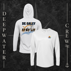 Aluminum Deepwater Crew Co. Be Salty, Stay Lit UPF 50+ performance hoodie showing front and back views with cross, sunset, and wave chest crest with DC logo and Matthew 5:13–14 anchor-and-wave back graphic.