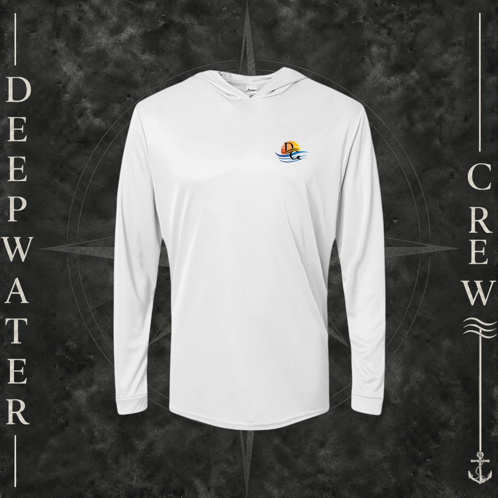 Aluminum Deepwater Crew Co. Be Salty, Stay Lit UPF 50+ performance hoodie, front view with small cross, sunset, and blue-wave crest with DC logo.