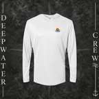 Aluminum Deepwater Crew Co. Be Salty, Stay Lit UPF 50+ performance hoodie, front view with small cross, sunset, and blue-wave crest with DC logo.