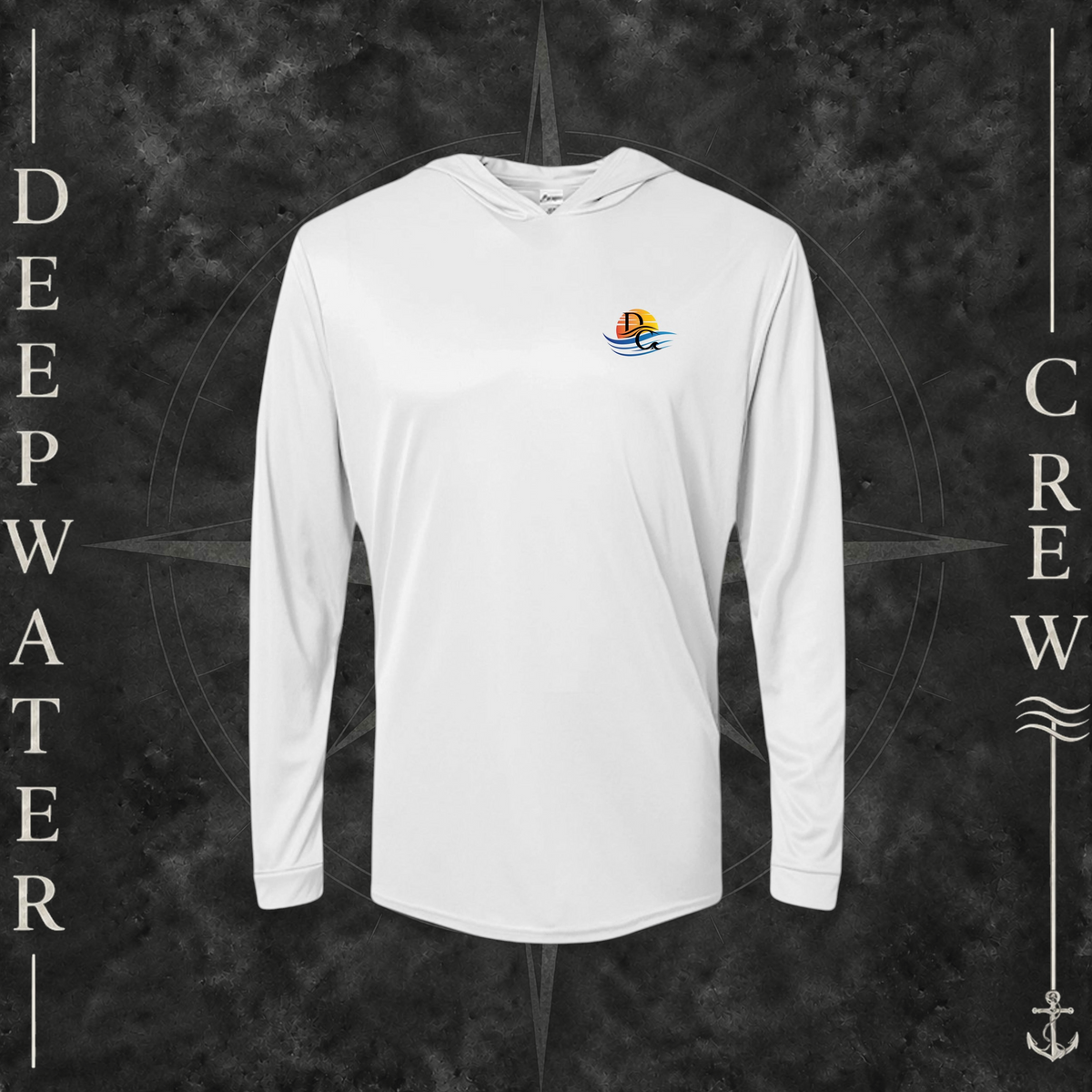 Aluminum Deepwater Crew Co. Be Salty, Stay Lit UPF 50+ performance hoodie, front view with small cross, sunset, and blue-wave crest with DC logo.
