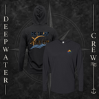 Black Deepwater Crew Co. Be Salty, Stay Lit UPF 50+ performance hoodie showing front and back views with cross, sunset, and wave chest crest with DC logo and Matthew 5:13–14 anchor-and-wave back graphic.