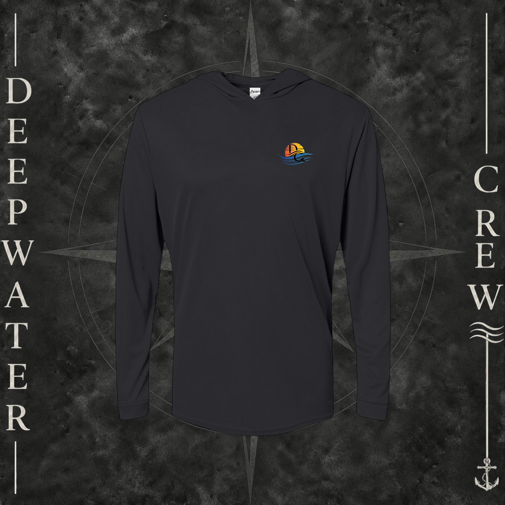 Black Deepwater Crew Co. Be Salty, Stay Lit UPF 50+ performance hoodie, front view with small cross, sunset, and blue-wave crest with DC logo.