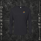 Black Deepwater Crew Co. Be Salty, Stay Lit UPF 50+ performance hoodie, front view with small cross, sunset, and blue-wave crest with DC logo.