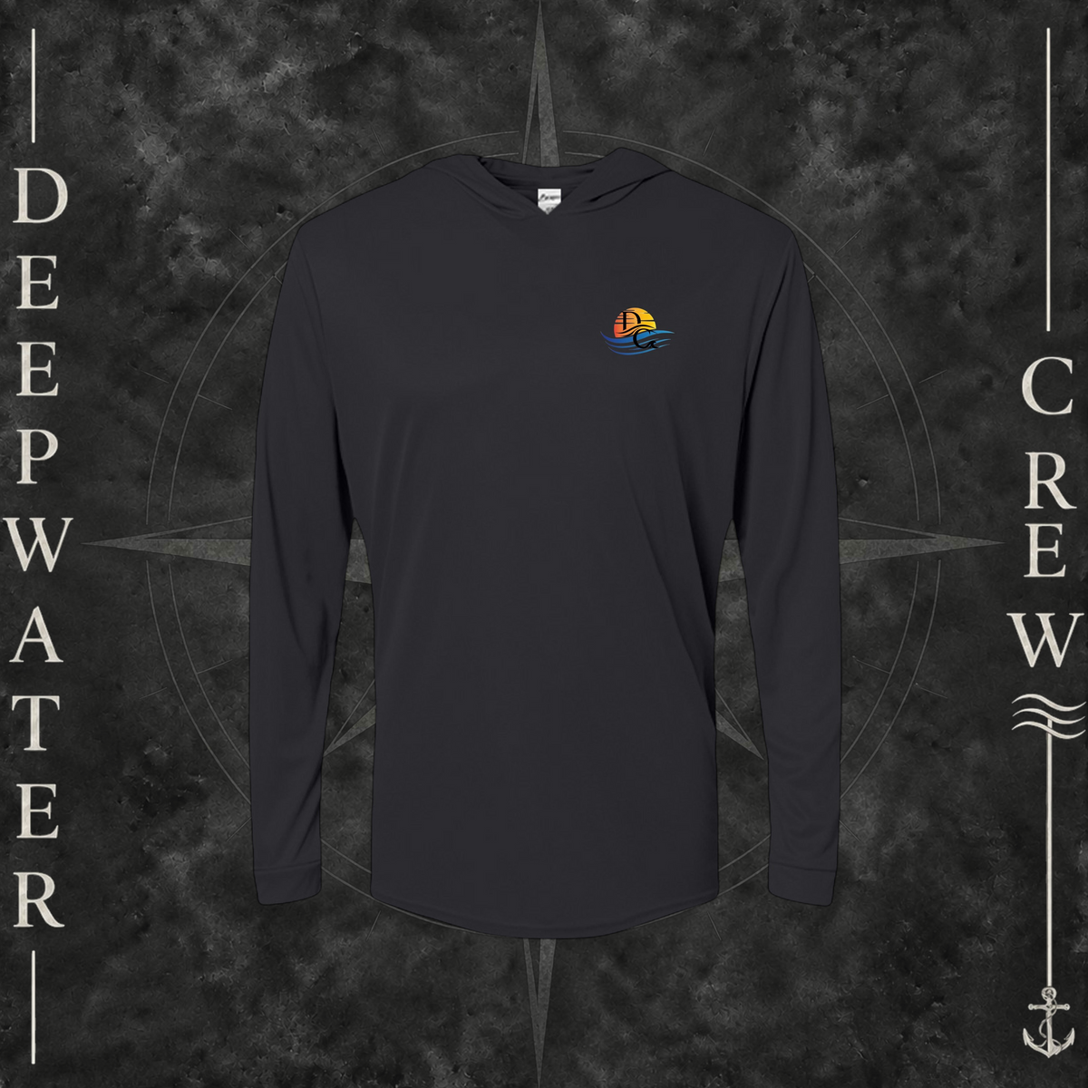Black Deepwater Crew Co. Be Salty, Stay Lit UPF 50+ performance hoodie, front view with small cross, sunset, and blue-wave crest with DC logo.