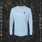 Blue Mist Deepwater Crew Co. Be Salty, Stay Lit UPF 50+ performance hoodie, front view with small cross, sunset, and blue-wave crest with DC logo.