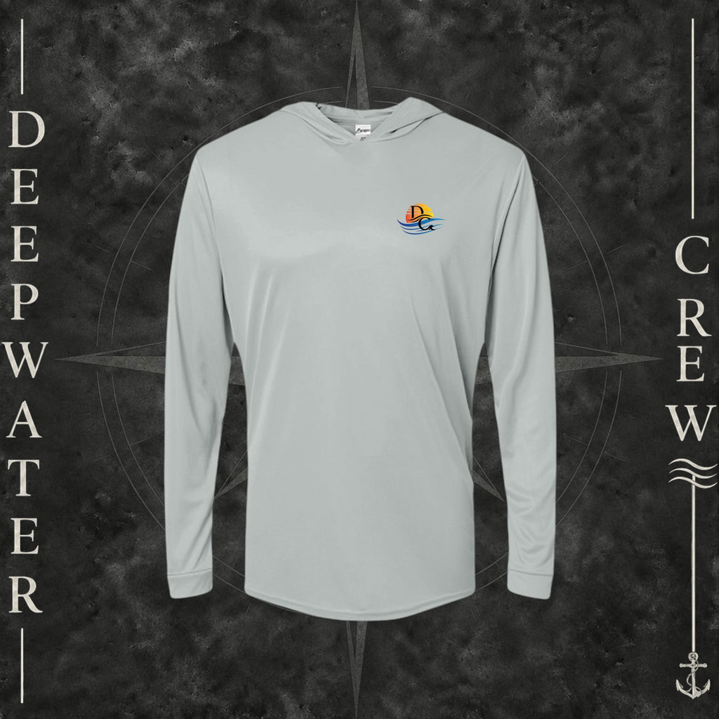 Medium Grey Deepwater Crew Co. Be Salty, Stay Lit UPF 50+ performance hoodie, front view with small cross, sunset, and blue-wave crest with DC logo.