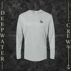 Medium Grey Deepwater Crew Co. Be Salty, Stay Lit UPF 50+ performance hoodie, front view with small cross, sunset, and blue-wave crest with DC logo.
