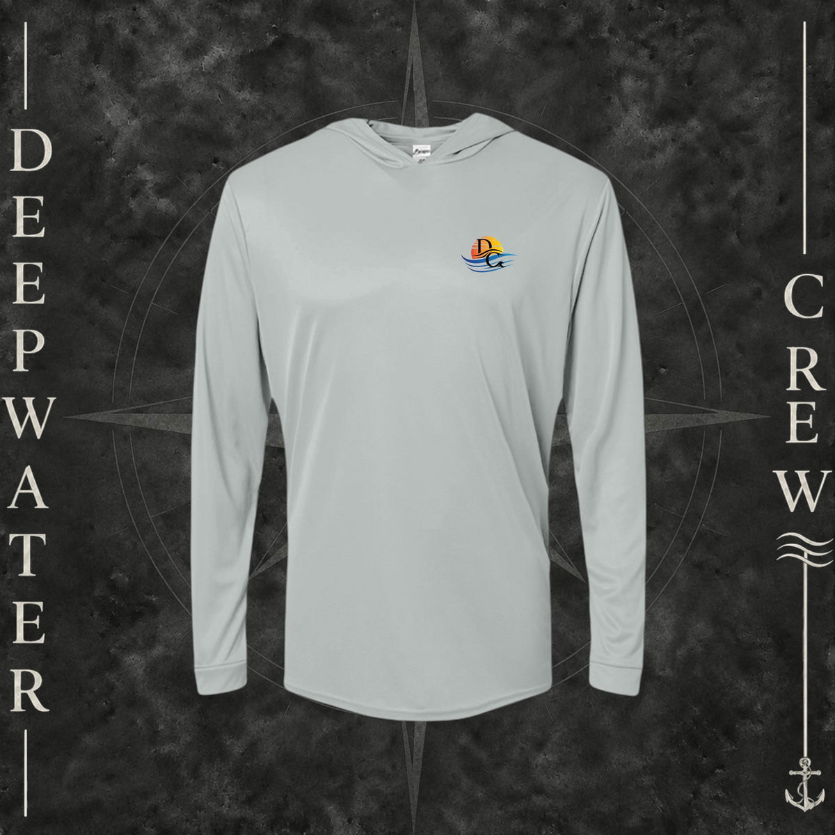 Medium Grey Deepwater Crew Co. Be Salty, Stay Lit UPF 50+ performance hoodie, front view with small cross, sunset, and blue-wave crest with DC logo.