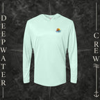Mint Green Deepwater Crew Co. Be Salty, Stay Lit UPF 50+ performance hoodie, front view with small cross, sunset, and blue-wave crest with DC logo.