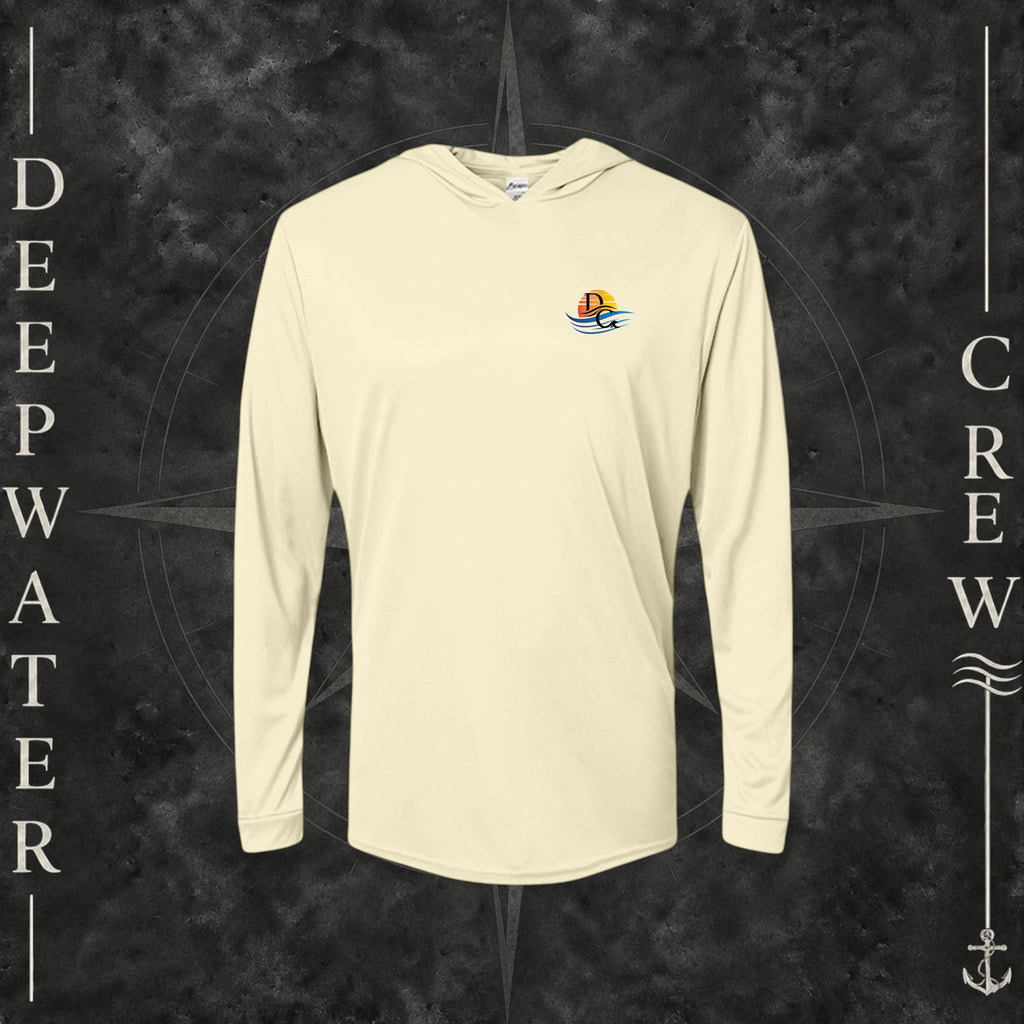 Pale Yellow Deepwater Crew Co. Be Salty, Stay Lit UPF 50+ performance hoodie, front view with small cross, sunset, and blue-wave crest with DC logo.