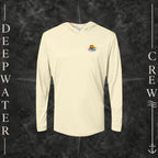 Pale Yellow Deepwater Crew Co. Be Salty, Stay Lit UPF 50+ performance hoodie, front view with small cross, sunset, and blue-wave crest with DC logo.