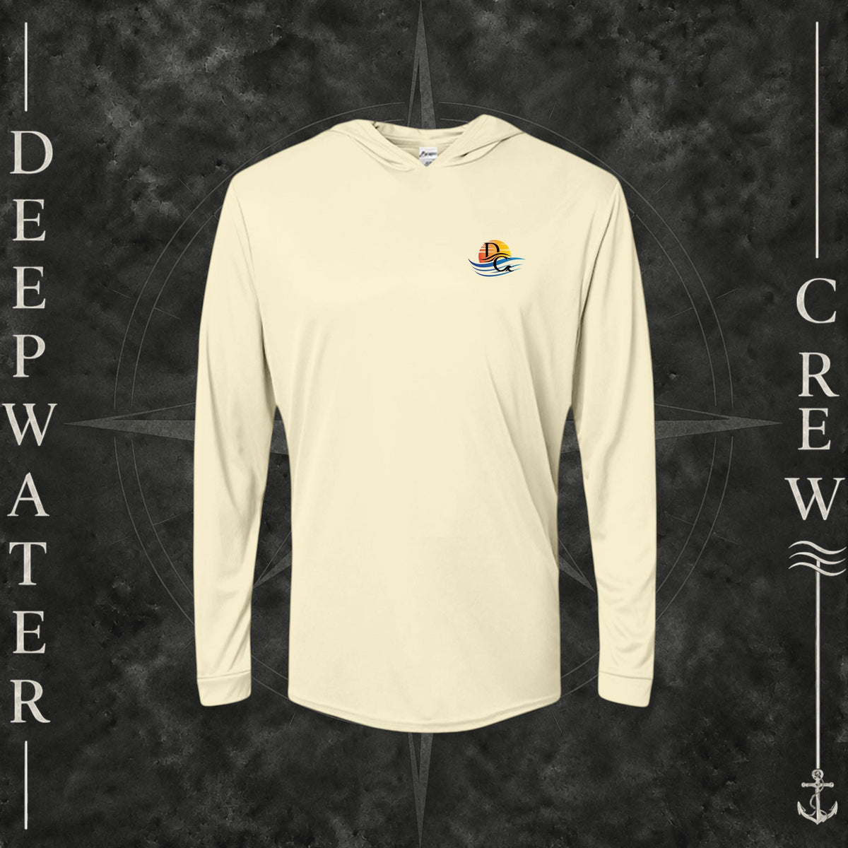 Pale Yellow Deepwater Crew Co. Be Salty, Stay Lit UPF 50+ performance hoodie, front view with small cross, sunset, and blue-wave crest with DC logo.