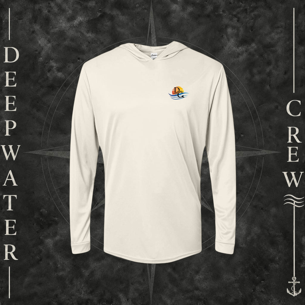 Sand Deepwater Crew Co. Be Salty, Stay Lit UPF 50+ performance hoodie, front view with small cross, sunset, and blue-wave crest with DC logo.