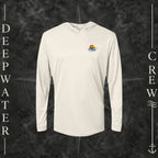 Sand Deepwater Crew Co. Be Salty, Stay Lit UPF 50+ performance hoodie, front view with small cross, sunset, and blue-wave crest with DC logo.