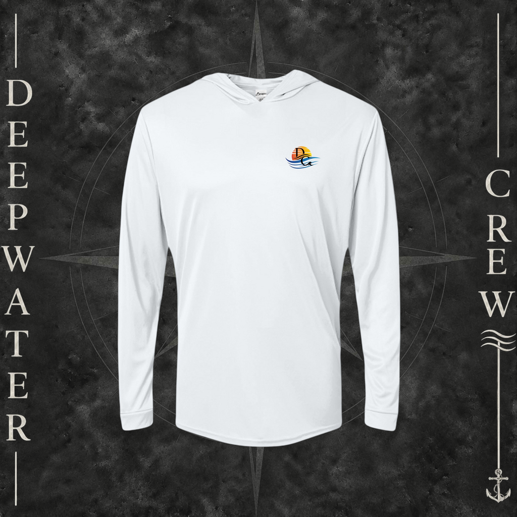 White Deepwater Crew Co. Be Salty, Stay Lit UPF 50+ performance hoodie, front view with small cross, sunset, and blue-wave crest with DC logo.