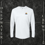 White Deepwater Crew Co. Be Salty, Stay Lit UPF 50+ performance hoodie, front view with small cross, sunset, and blue-wave crest with DC logo.