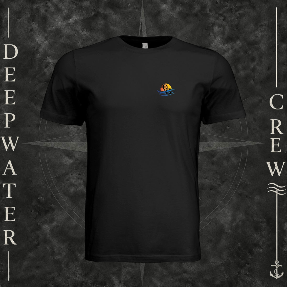 Vintage Black Deepwater Crew Co. Be Salty, Stay Lit crewneck T-shirt, front view with small cross, sunset, and blue-wave crest.