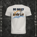 Vintage White Deepwater Crew Co. Be Salty, Stay Lit crewneck T-shirt, back view with distressed Be Salty, Stay Lit lettering, anchor, sun, blue waves, and Matthew 5:13–14.