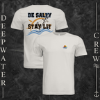 Vintage White Deepwater Crew Co. Be Salty, Stay Lit crewneck T-shirt showing front and back views with cross-and-wave chest crest and Matthew 5:13–14 anchor-and-wave back graphic.