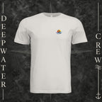 Vintage White Deepwater Crew Co. Be Salty, Stay Lit crewneck T-shirt, front view with small cross, sunset, and blue-wave crest.