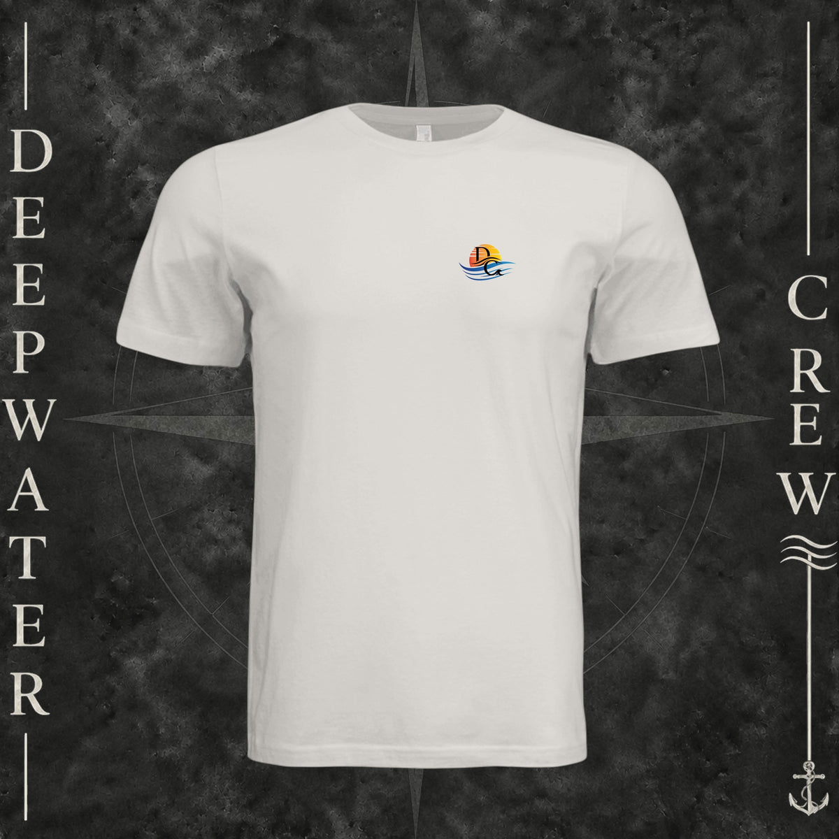 Vintage White Deepwater Crew Co. Be Salty, Stay Lit crewneck T-shirt, front view with small cross, sunset, and blue-wave crest.