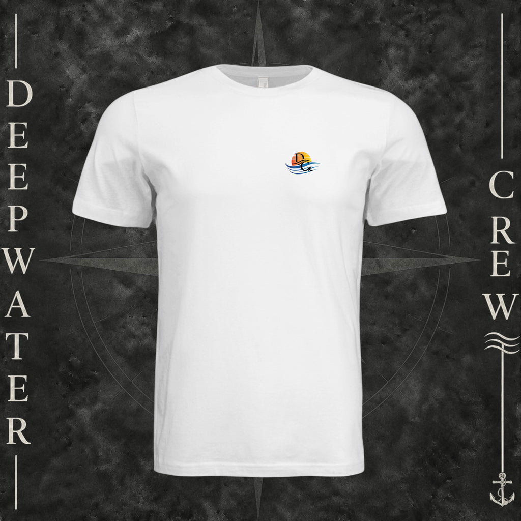 White Deepwater Crew Co. Be Salty, Stay Lit crewneck T-shirt, front view with small cross, sunset, and blue-wave crest.