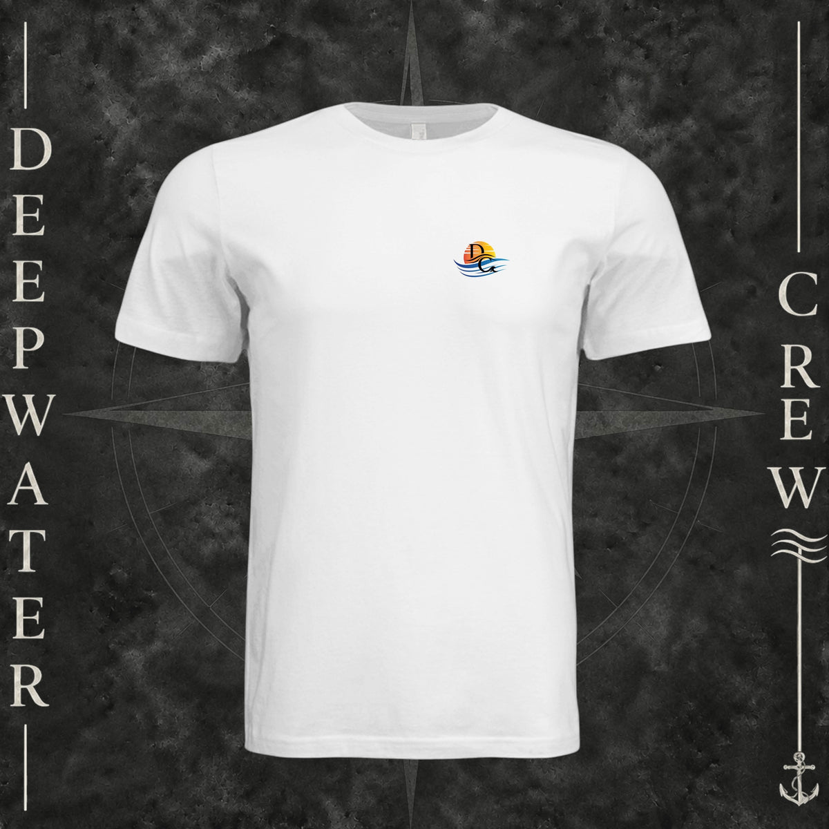 White Deepwater Crew Co. Be Salty, Stay Lit crewneck T-shirt, front view with small cross, sunset, and blue-wave crest.