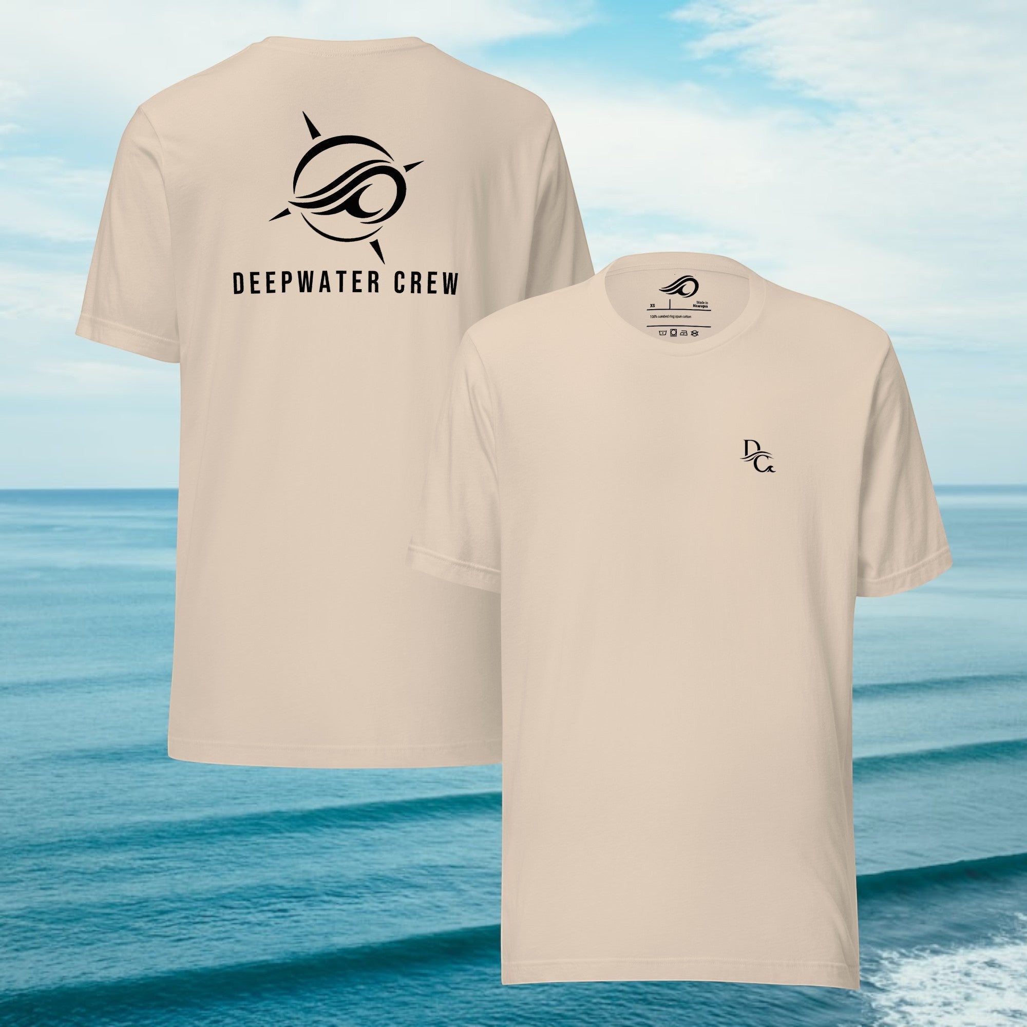 Deepwater Crew Co. beige cotton crew neck t-shirt with minimalist front logo and large back compass graphic