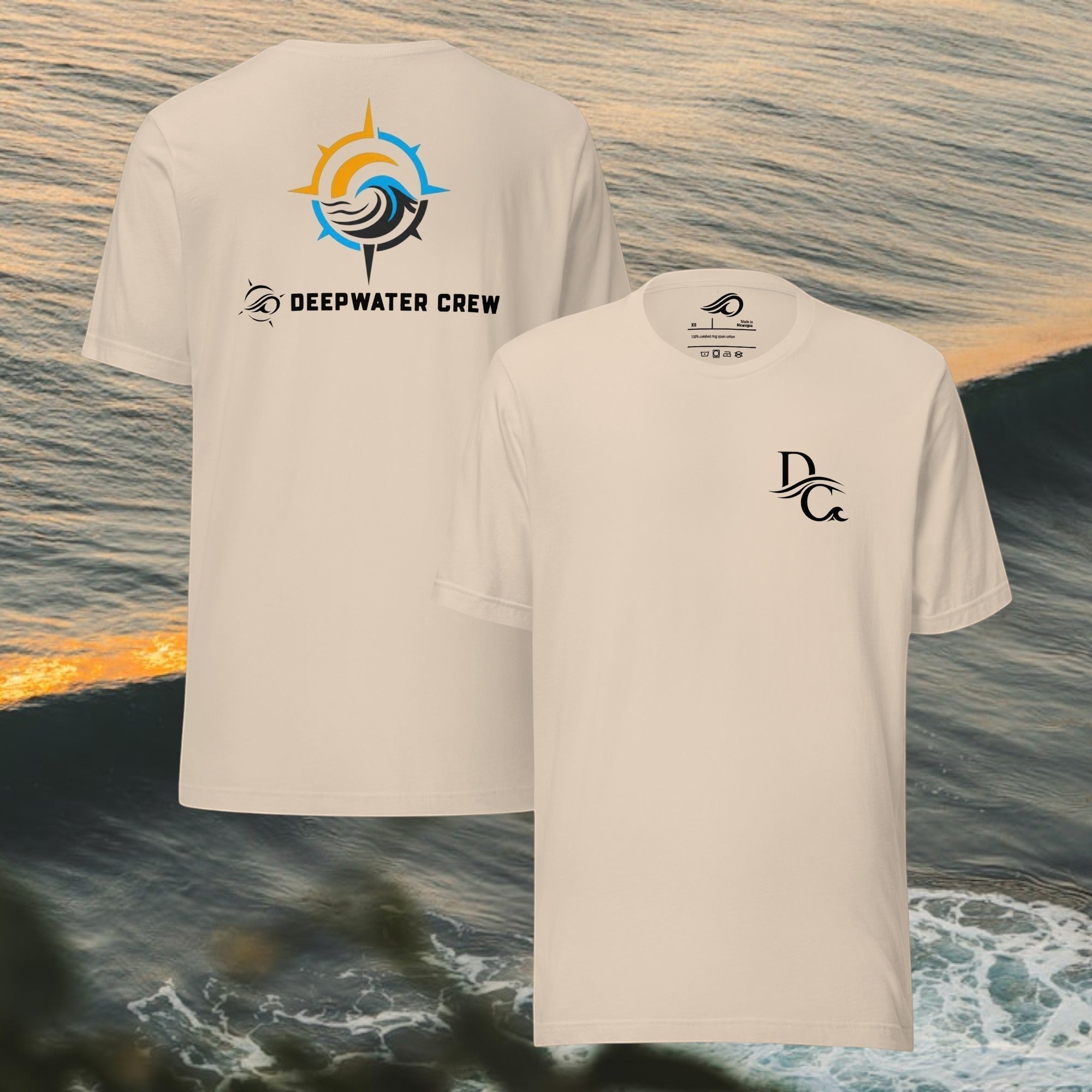 Deepwater Crew Co. beige 100% cotton crew neck t-shirt with small DC logo on front and large compass wave logo on back.