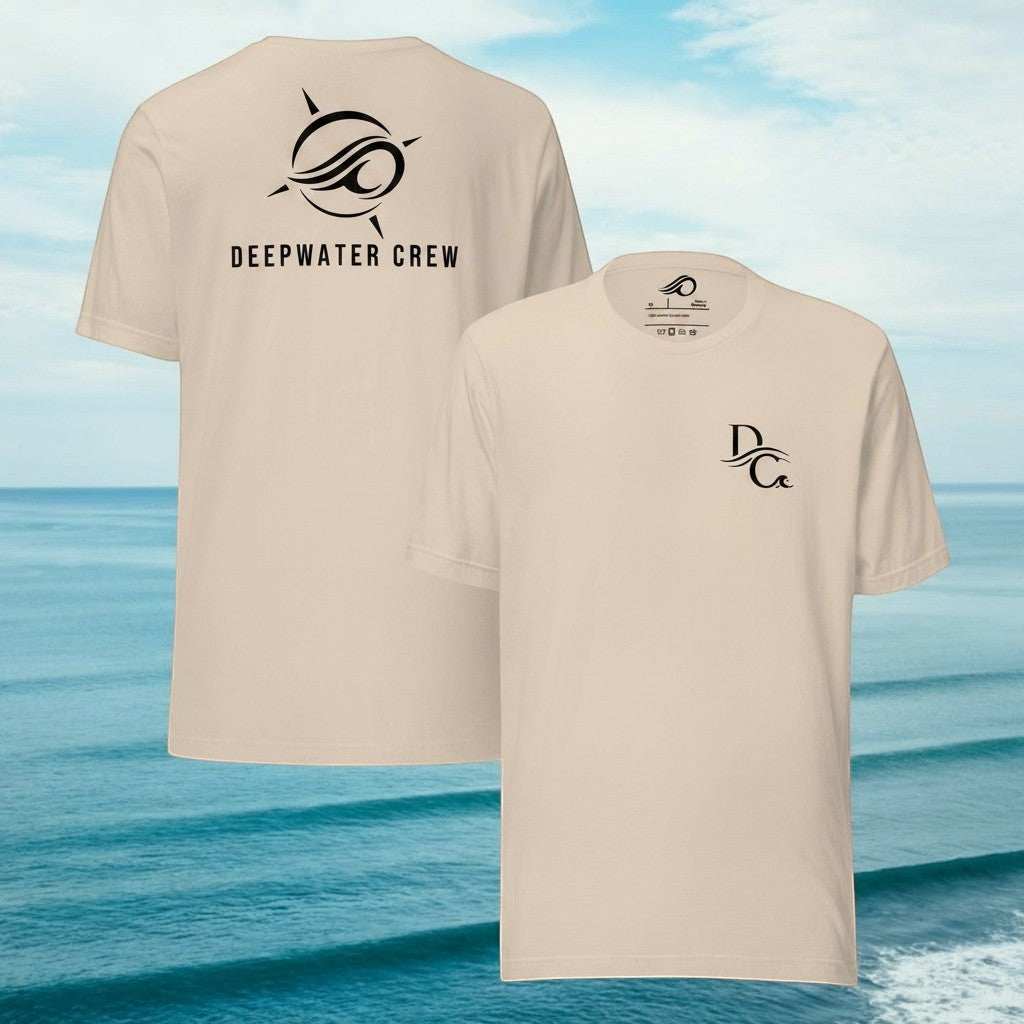 Deepwater Crew Co. beige 100% cotton t-shirt with a compass and wave logo on the back and a small DC logo on the front.