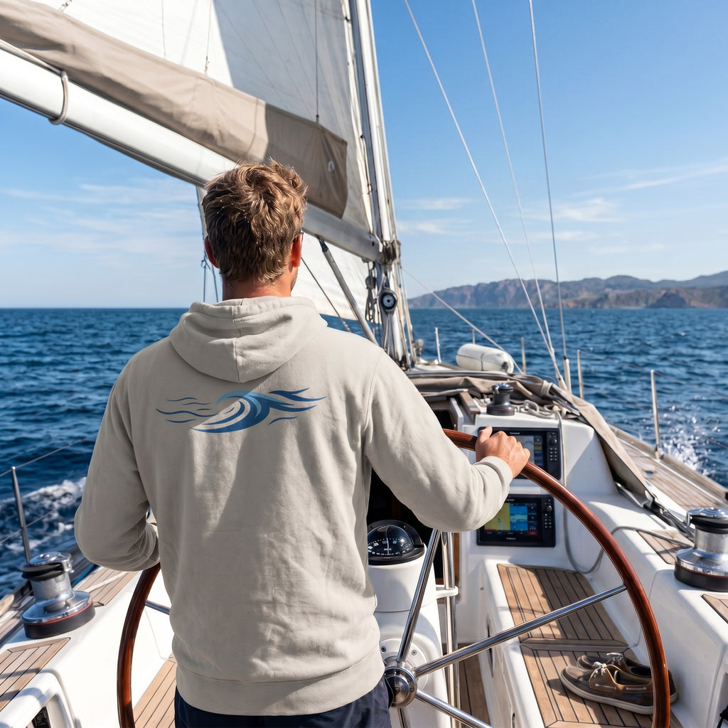 Deepwater Crew Co. beige hooded long sleeve tee with blue wave graphic worn by a man sailing on a boat.