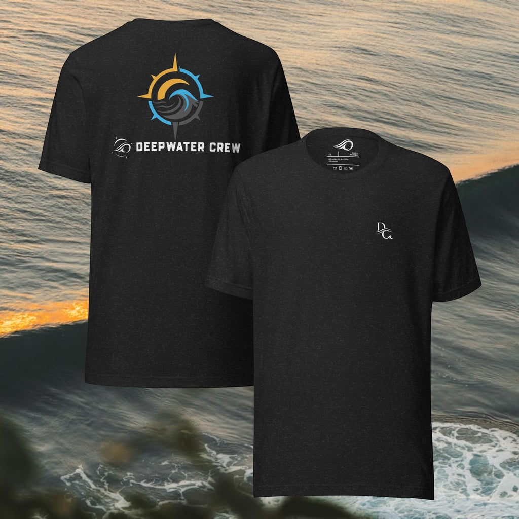 Deepwater Crew Co. black cotton crew neck t-shirt featuring a small front logo and large back compass graphic.