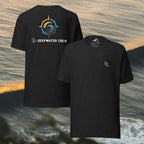 Deepwater Crew Co. black cotton crew neck t-shirt featuring a small front logo and large back compass graphic.
