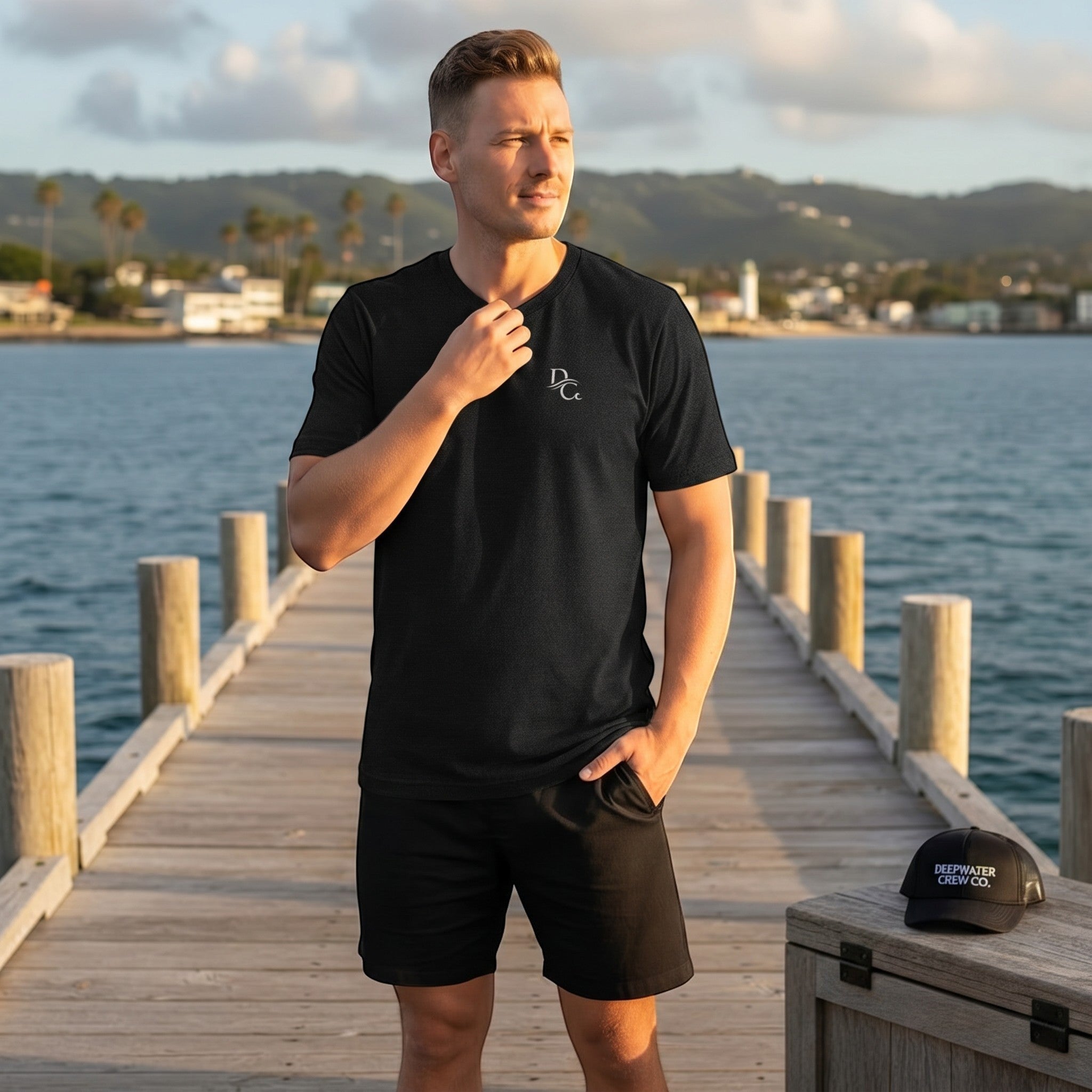 A man wearing a black Deepwater Crew Co. cotton t-shirt with a small logo on a wooden pier by the ocean.