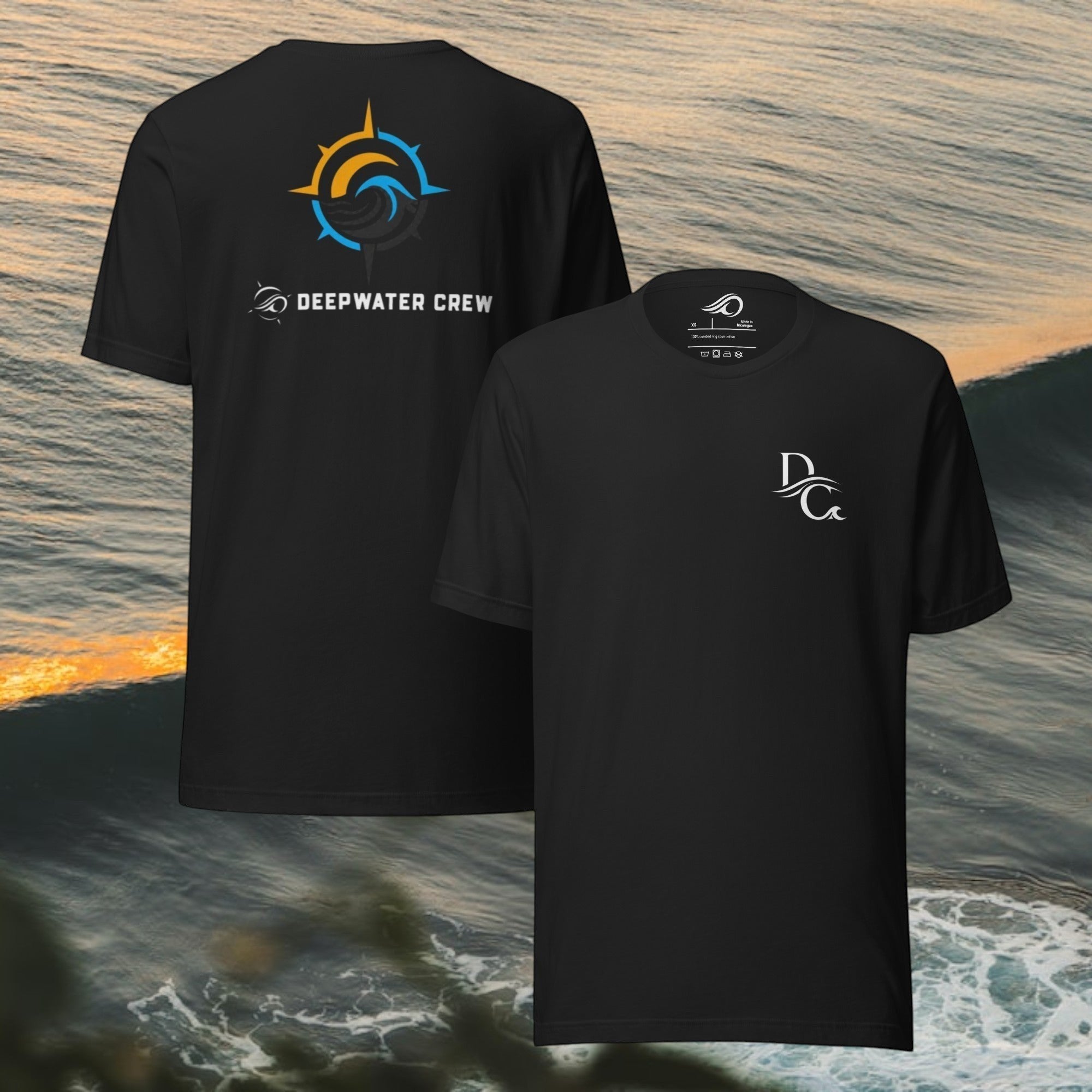 Deepwater Crew Co. black cotton t-shirt with a white DC logo on the front and a large compass graphic with text on the back.