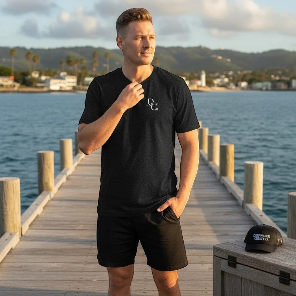 Deepwater Crew Co. black 100% cotton premium fit crew tee with small white logo on chest. Model on pier.